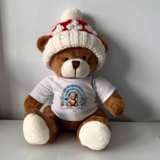Personalised Children's Christmas bear with crocheted hat , first Christmas, 1st, brother sister, date 2024