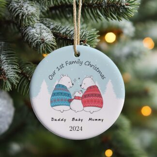 Personalised First Christmas Ceramic Disc – Dated 2025 Keepsake, Newlywed Couple or Family Gift with Penguin/Bear Design