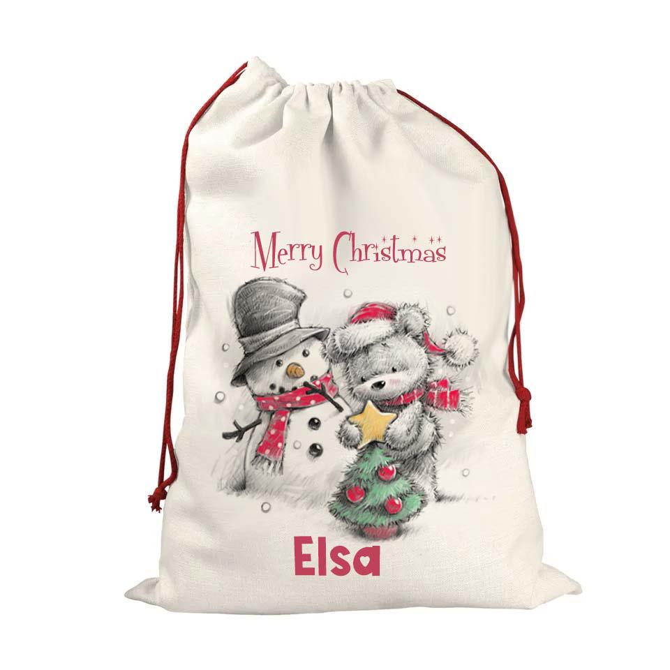 Personalised Children’s Santa Sack XL – Cute Bears First Christmas, Custom Name Gift Bag 48cm x 68cm