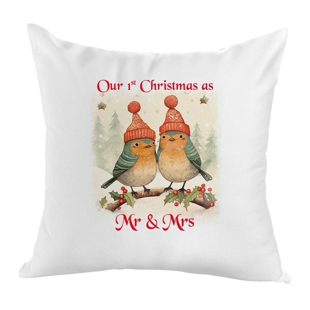 Personalised Christmas Robin Cushion Cover 40cm – Vintage Style, First Christmas as Mr & Mrs, New Home Gift