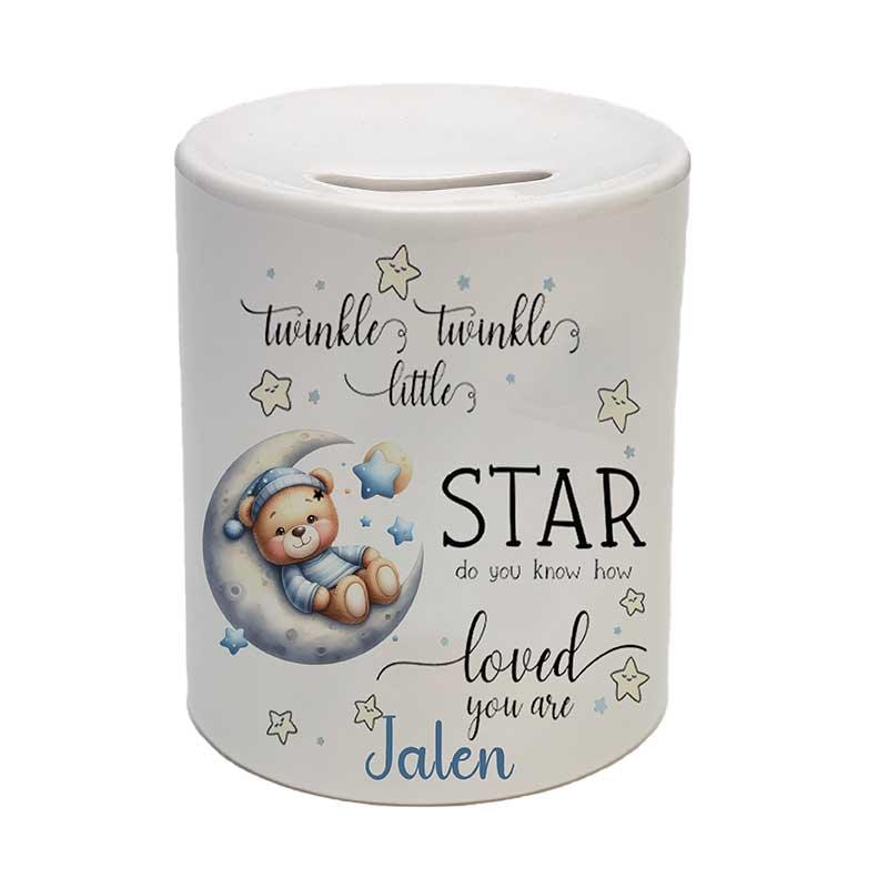 Beautiful Personalised Ceramic Money Box – Baby Christening Photo Gift | Twinkle Twinkle Design - Image 2