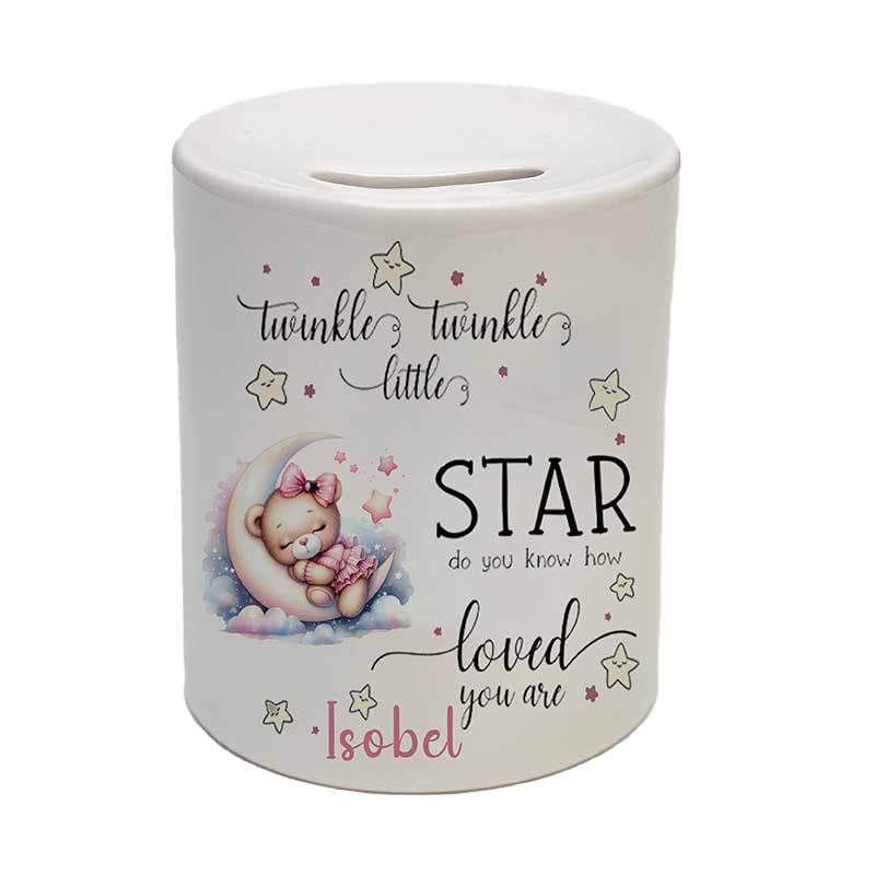 Beautiful Personalised Ceramic Money Box – Baby Christening Photo Gift | Twinkle Twinkle Design - Image 3