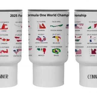 2025 Motorsport Calendar Travel Mug – Personalised Race Circuits & Dates, Grand Prix Fan Gift