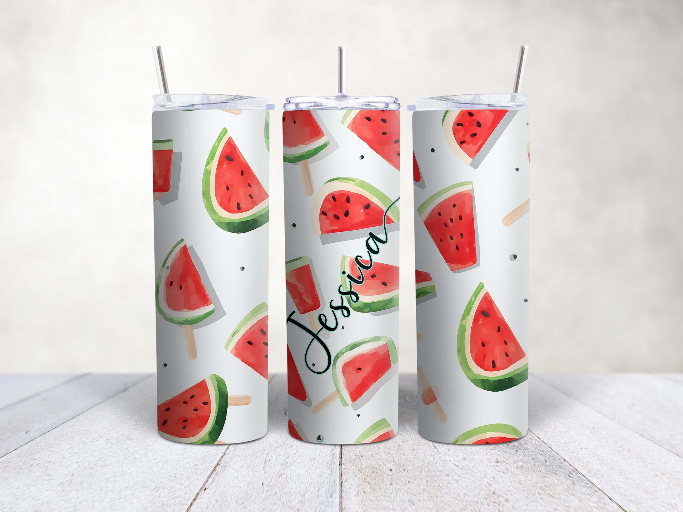 Personalised Fruit Skinny Tumbler 20oz – Custom Stainless Steel Cup with Straw, Cherry & Melon Design | high gloss | travel mug - Image 3
