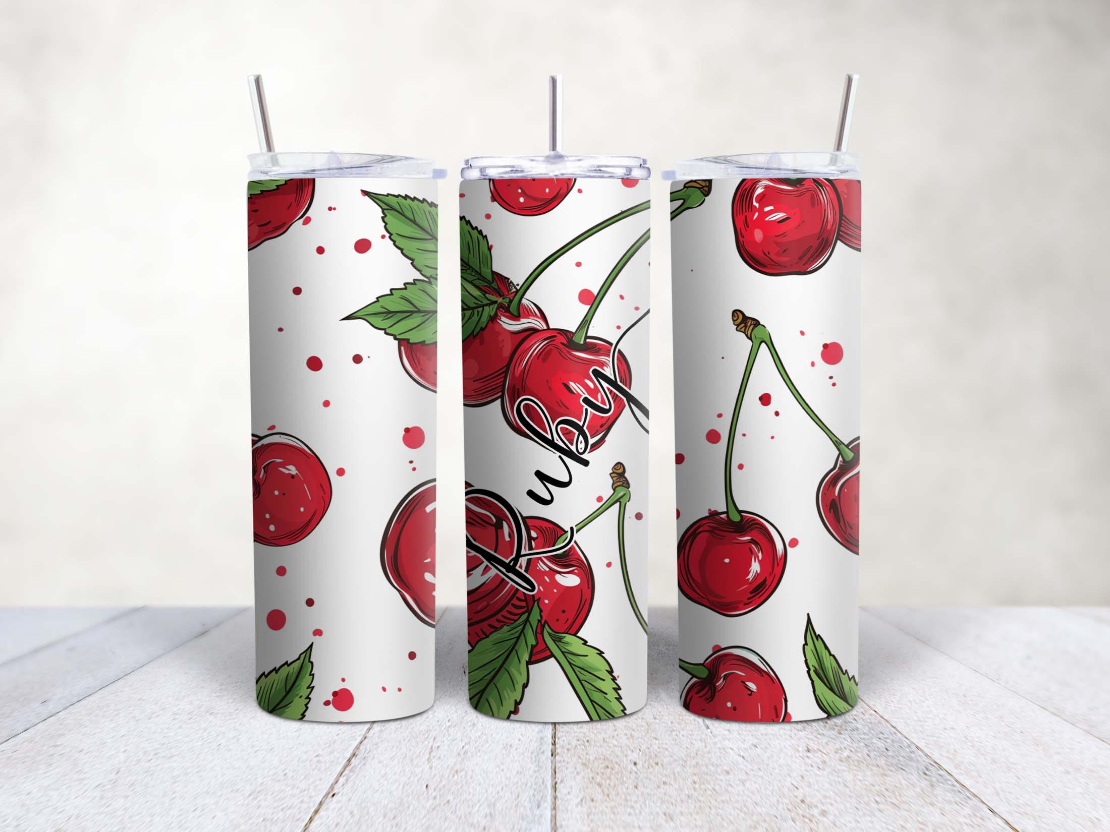 Personalised Fruit Skinny Tumbler 20oz – Custom Stainless Steel Cup with Straw, Cherry & Melon Design | high gloss | travel mug - Image 4