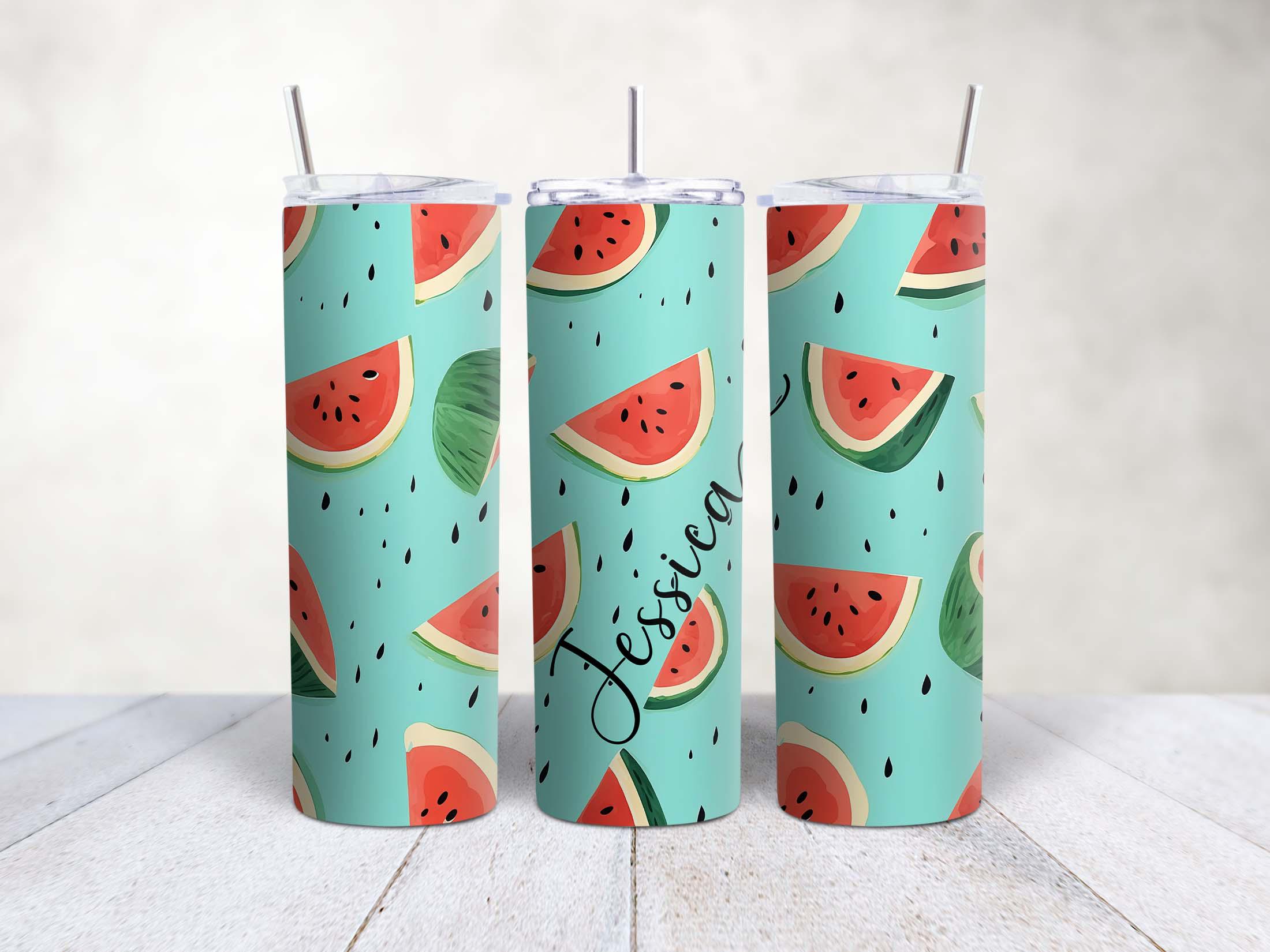 Personalised Fruit Skinny Tumbler 20oz – Custom Stainless Steel Cup with Straw, Cherry & Melon Design | high gloss | travel mug - Image 2