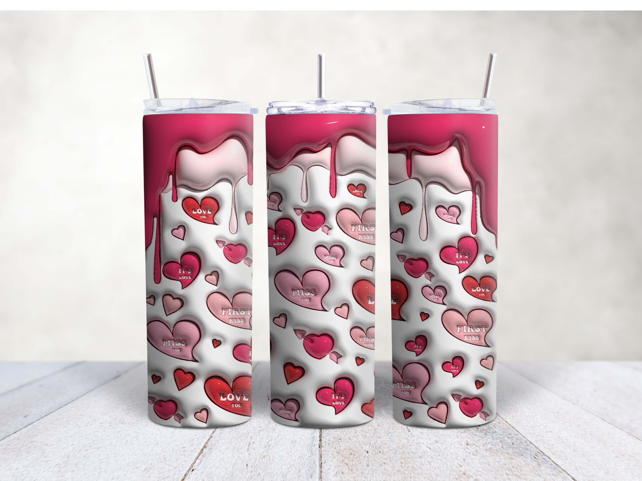 20oz Skinny Stainless Steel Tumbler – Inflated Hearts & Smiley Tumbler Design | Glossy Insulated Travel Cup with Lid, Metal Straw, Brush - Image 3
