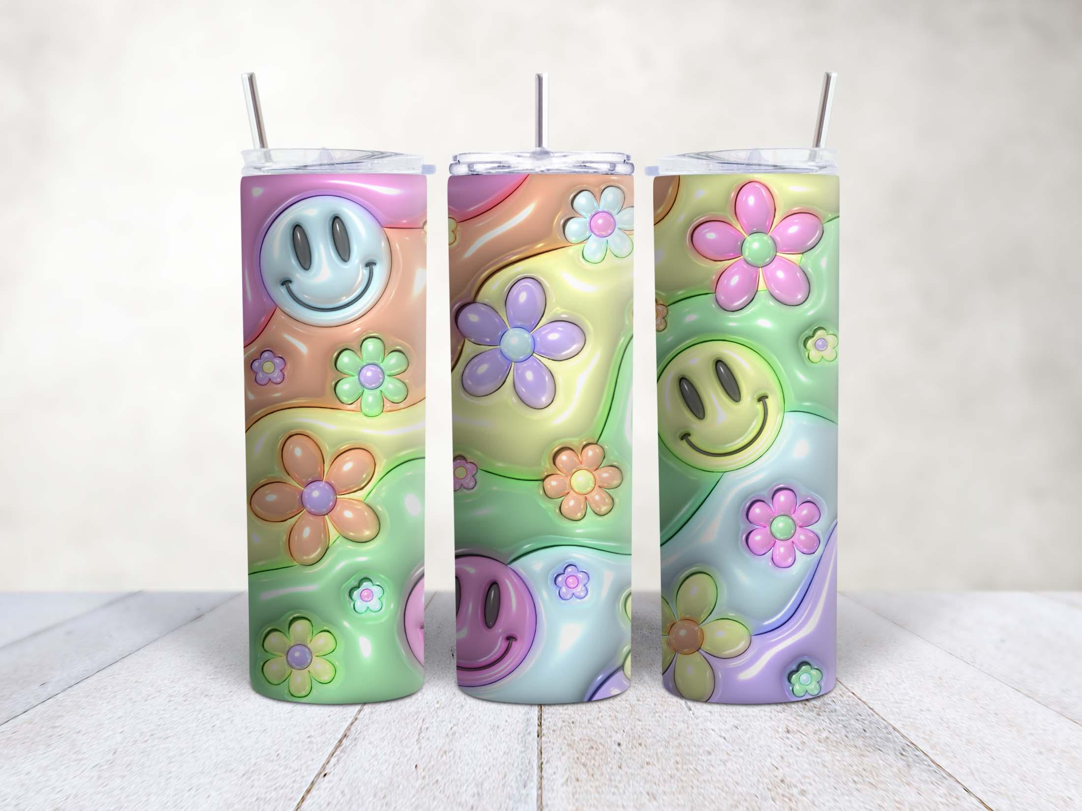 20oz Skinny Stainless Steel Tumbler – Inflated Hearts & Smiley Tumbler Design | Glossy Insulated Travel Cup with Lid, Metal Straw, Brush