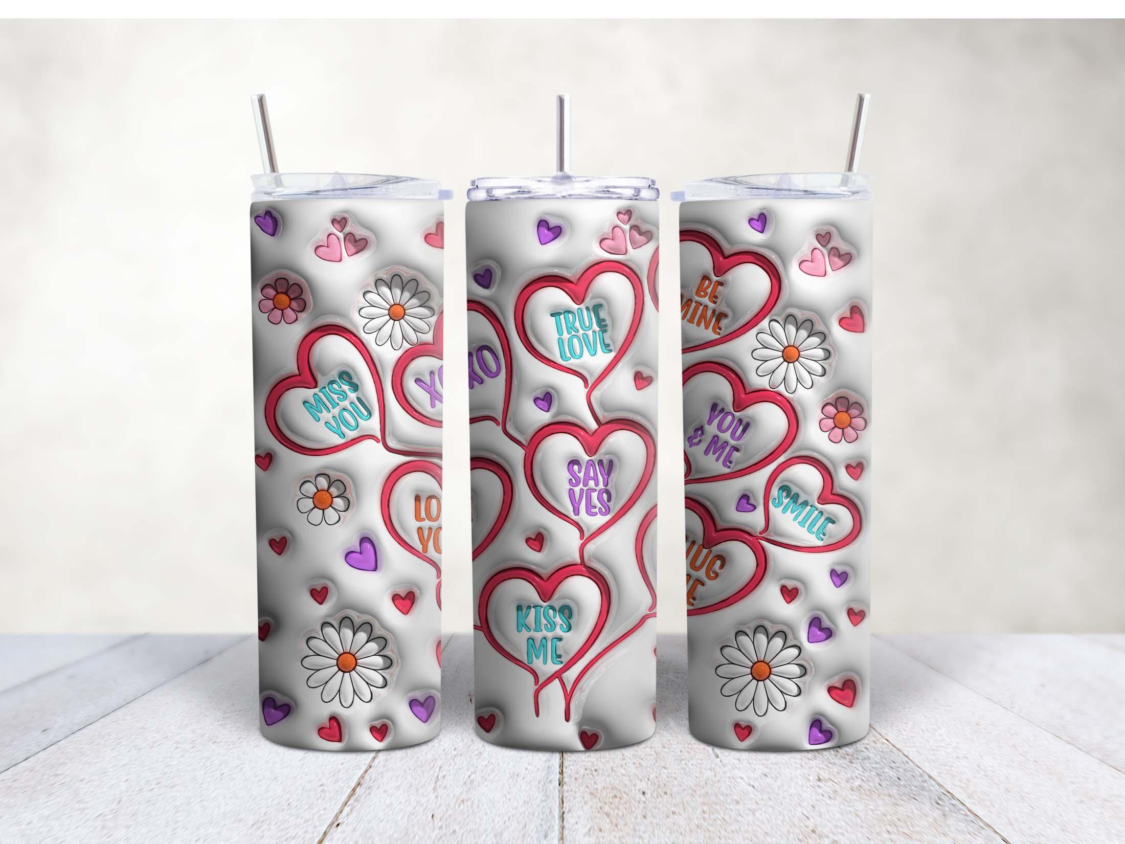 20oz Skinny Stainless Steel Tumbler – Inflated Hearts & Smiley Tumbler Design | Glossy Insulated Travel Cup with Lid, Metal Straw, Brush - Image 4