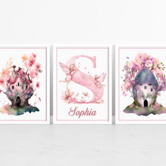 Set of 3 Personalised Fairy Wall Art Prints – Whimsical A4 Nursery Decor with Custom Name or Initial – Baby Girl Bedroom Artwork
