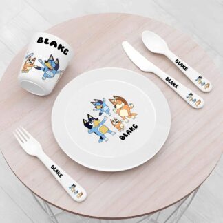 Personalised Kids Dinnerware Set | Blue dog Plate Bowl Cup and Cutlery | Custom Name Children’s Tableware Gift