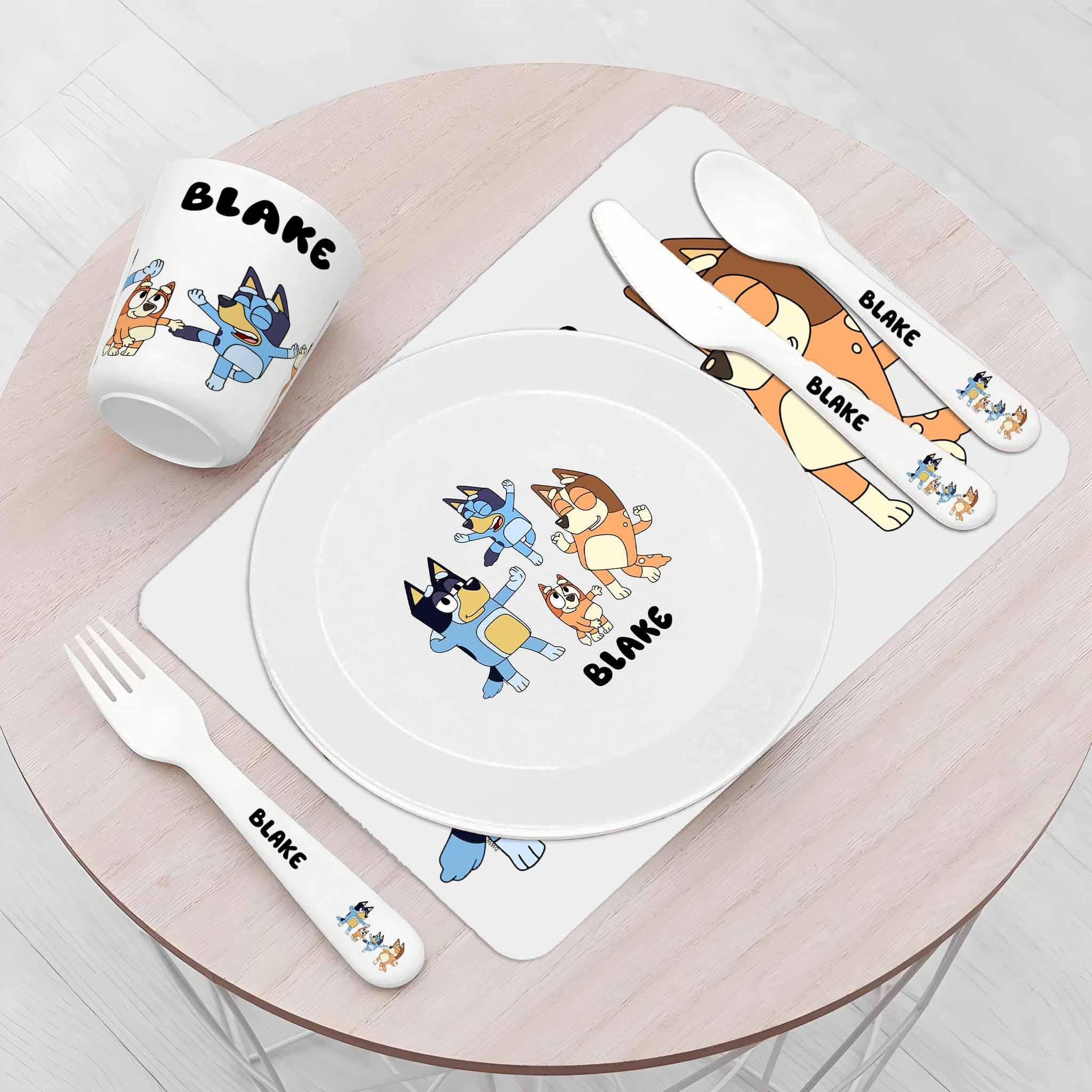Personalised Kids Dinnerware Set | Blue dog Plate Bowl Cup and Cutlery | Custom Name Children’s Tableware Gift - Image 6
