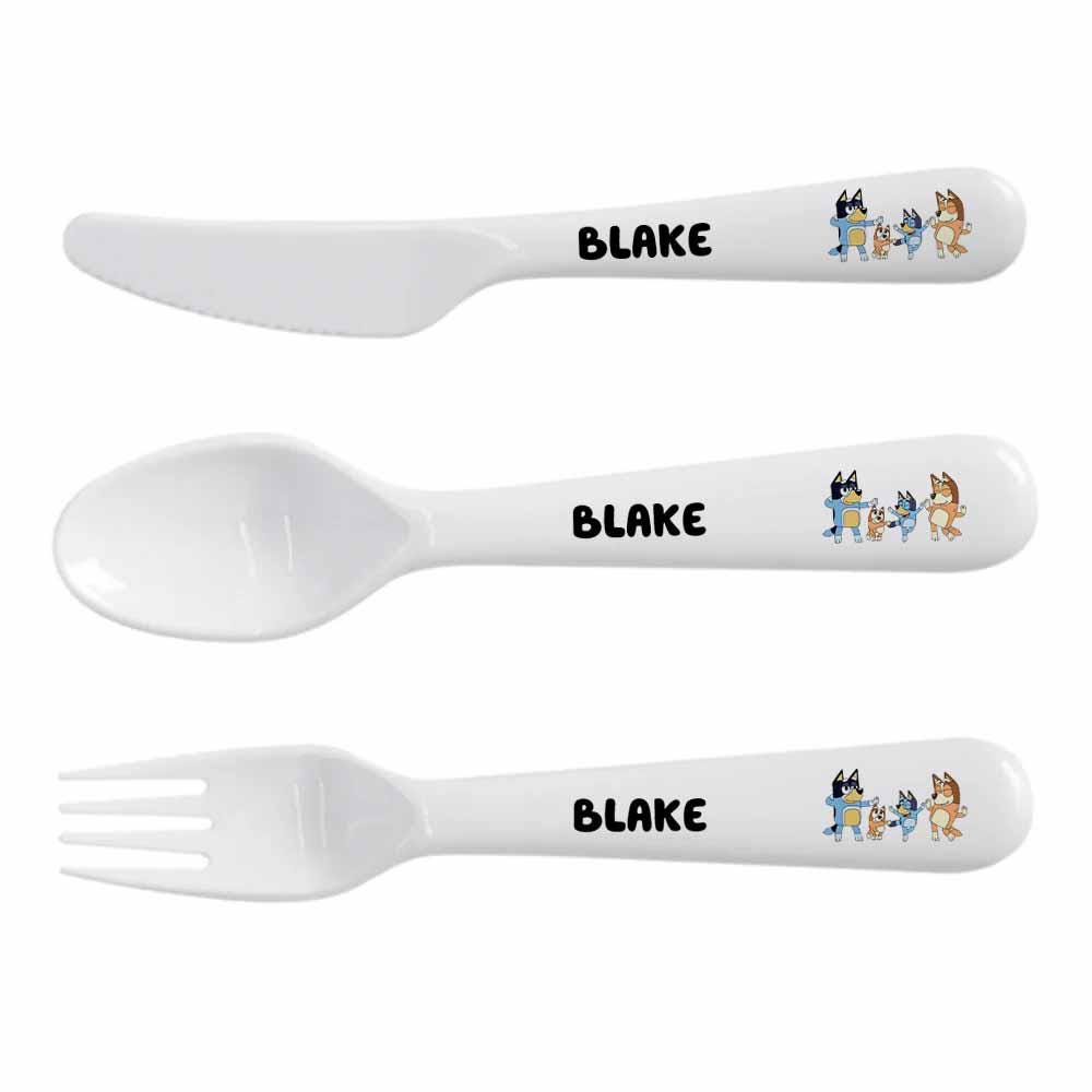 Personalised Kids Dinnerware Set | Blue dog Plate Bowl Cup and Cutlery | Custom Name Children’s Tableware Gift - Image 9