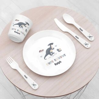 Personalised Dinosaur Kids Dinnerware Set | Custom Name Plate Bowl Cup and Cutlery | cutesaurus Set & Birthday Gift