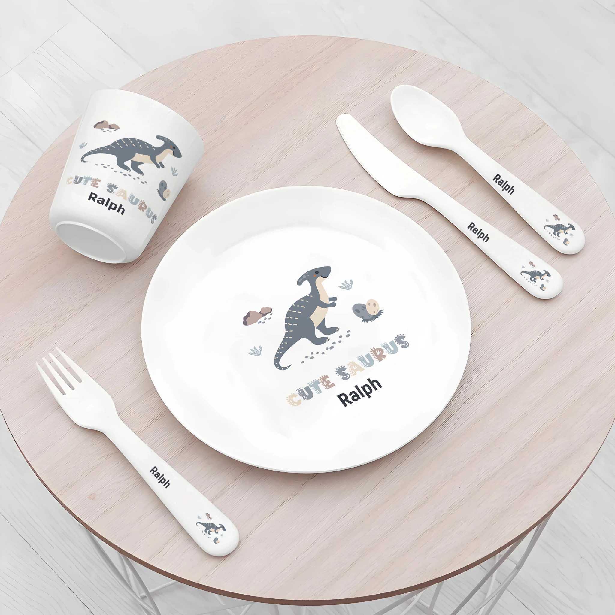 Personalised Dinosaur Kids Dinnerware Set | Custom Name Plate Bowl Cup and Cutlery | cutesaurus Set & Birthday Gift