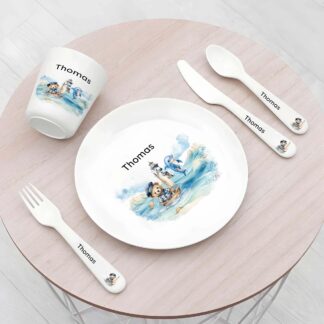Personalised Kids Dinner Set | Nautical Plate Bowl Cup & Cutlery | Custom Name Sailor Themed Tableware for Children