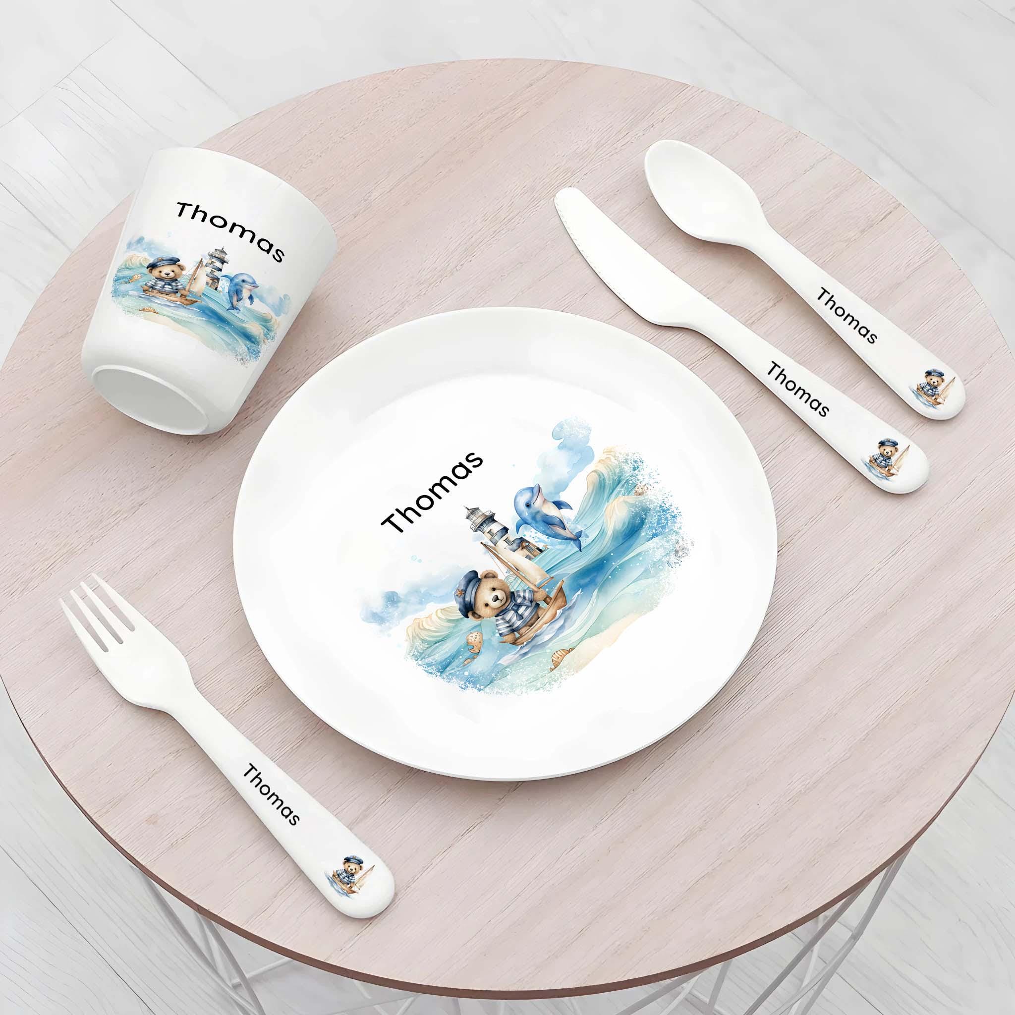 Personalised Kids Dinner Set – Personalised Nautical Plate Bowl Cup & Cutlery