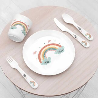 Personalised Rainbow Kids Dinnerware Set | Custom Name Plate Bowl Cup & Cutlery | Girls Birthday Gift | Toddler Mealtime Set