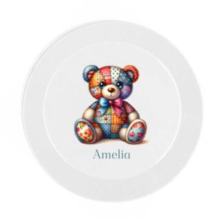 Personalised Patchwork Bear Dinnerware Set: Kids Plate, Bowl, Cup