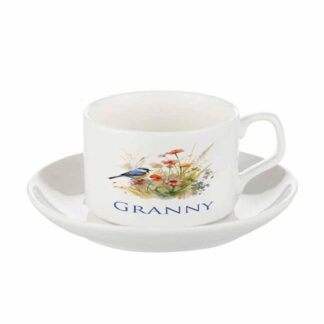 Personalised Bird & Flower Teacup and Saucer – Custom Ceramic Tea Cup Gift Set – Birthday, Mum, Friend