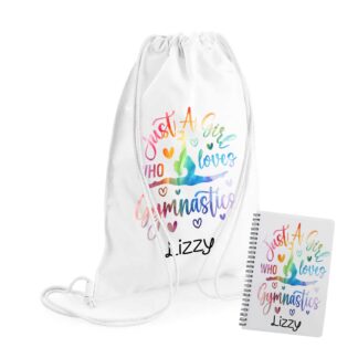 Personalised Gymnastics Drawstring Bag and Notebook Set | Custom Name Gift for Girls | Gymnast Team Present
