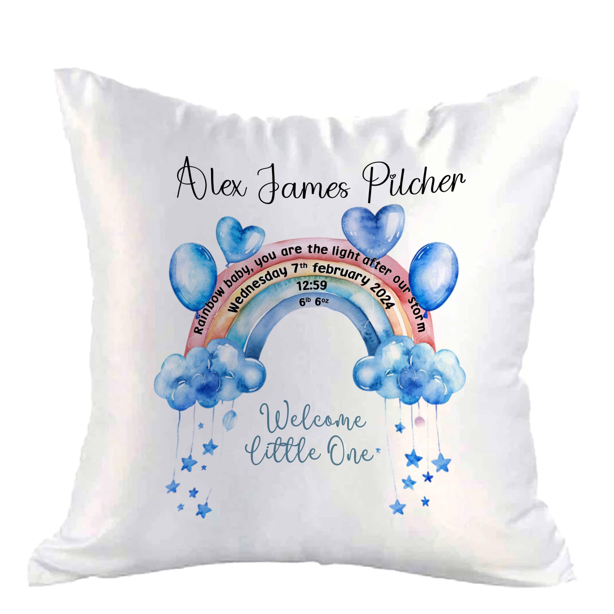 Personalised Baby Stats Satin Cushion Cover 40cm – Rainbow Christening Keepsake Gift - Image 3