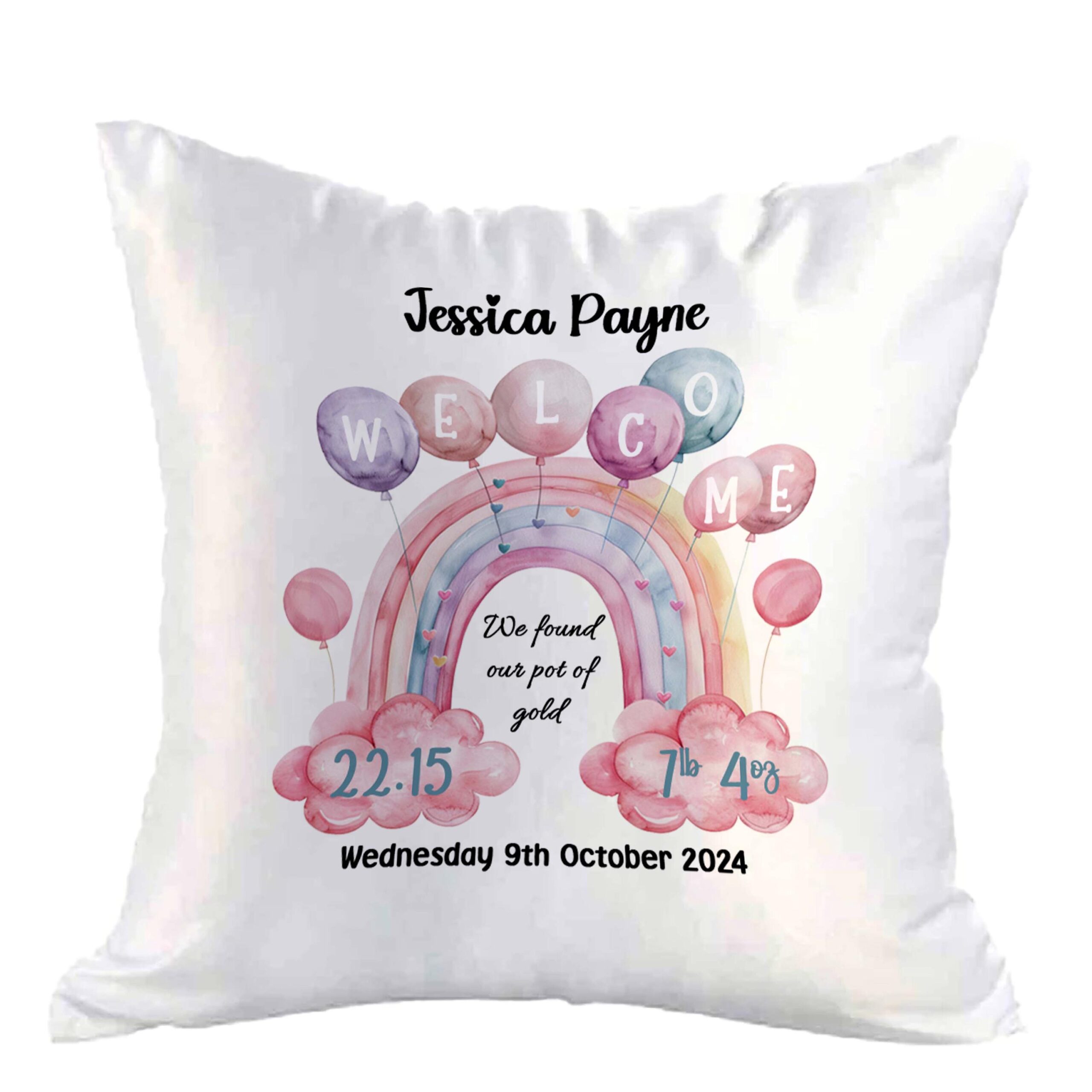 Personalised Baby Stats Satin Cushion Cover 40cm – Rainbow Christening Keepsake Gift - Image 4