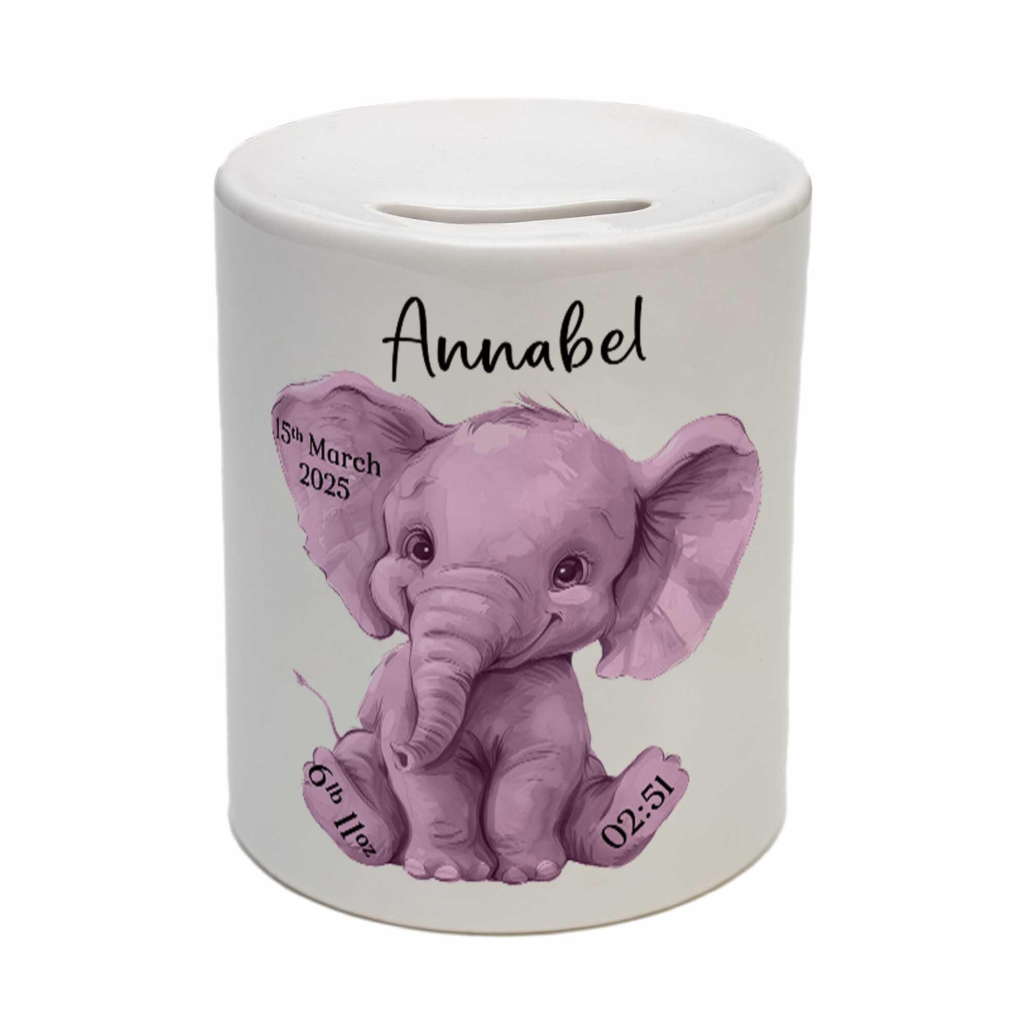Personalised Elephant Piggy Bank – Custom Ceramic Baby Money Box with Birth Stats – Nursery Keepsake Gift - Image 3