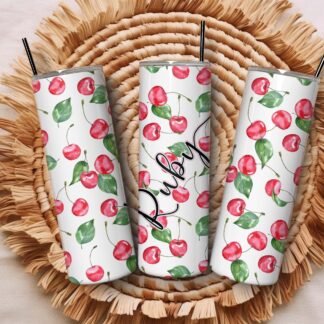 Personalised Fruit Skinny Tumbler 20oz – Custom Stainless Steel Cup with Straw, Cherry & Melon Design | high gloss | travel mug