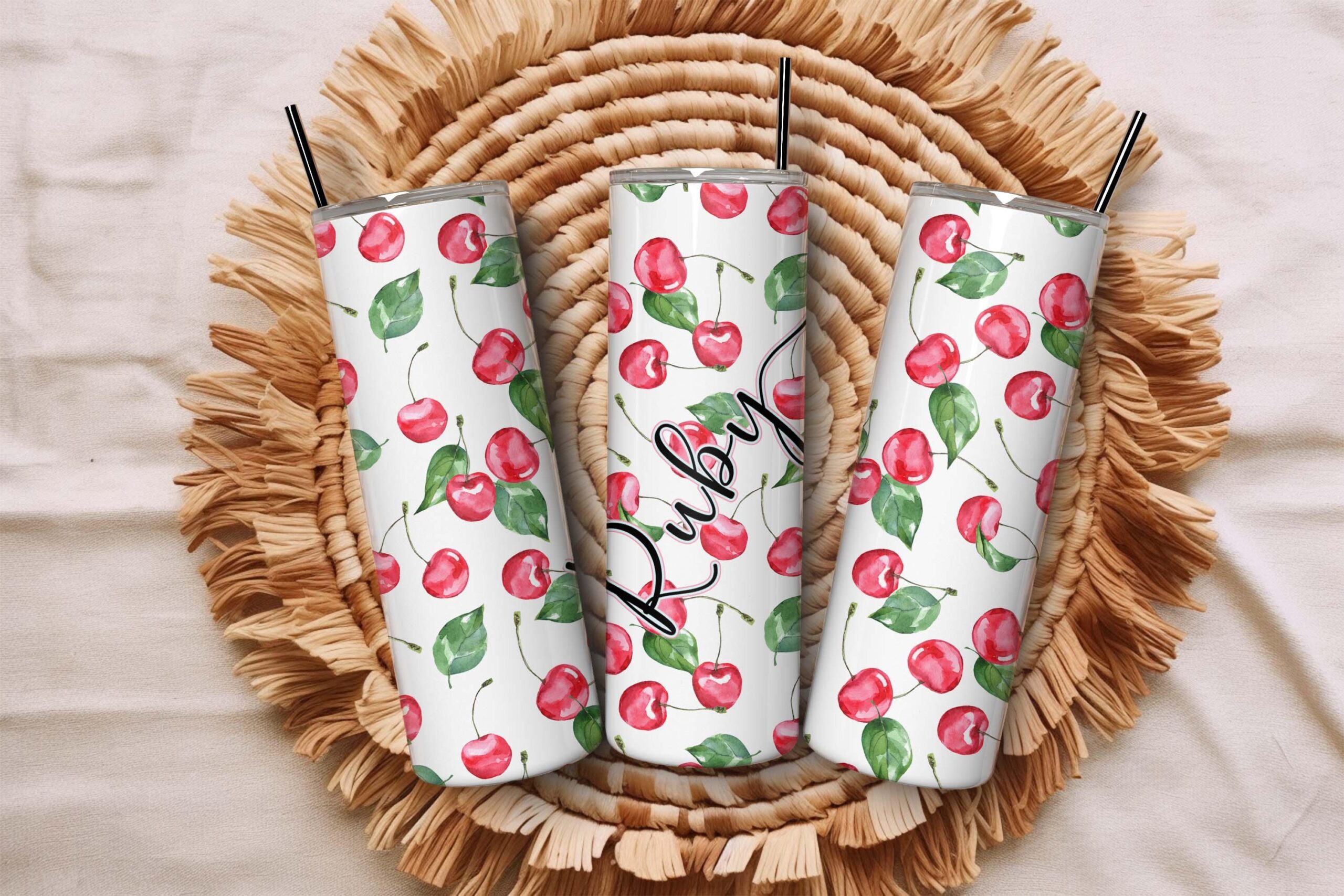 Personalised Fruit Skinny Tumbler 20oz – Custom Stainless Steel Cup with Straw, Cherry & Melon Design | high gloss | travel mug