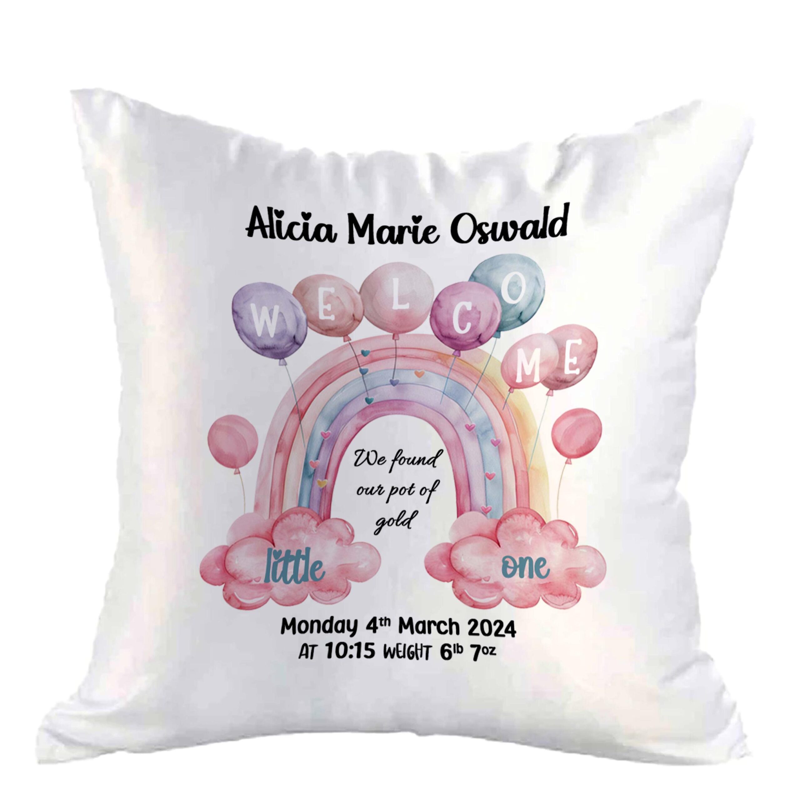 Personalised Baby Stats Satin Cushion Cover 40cm – Rainbow Christening Keepsake Gift - Image 2