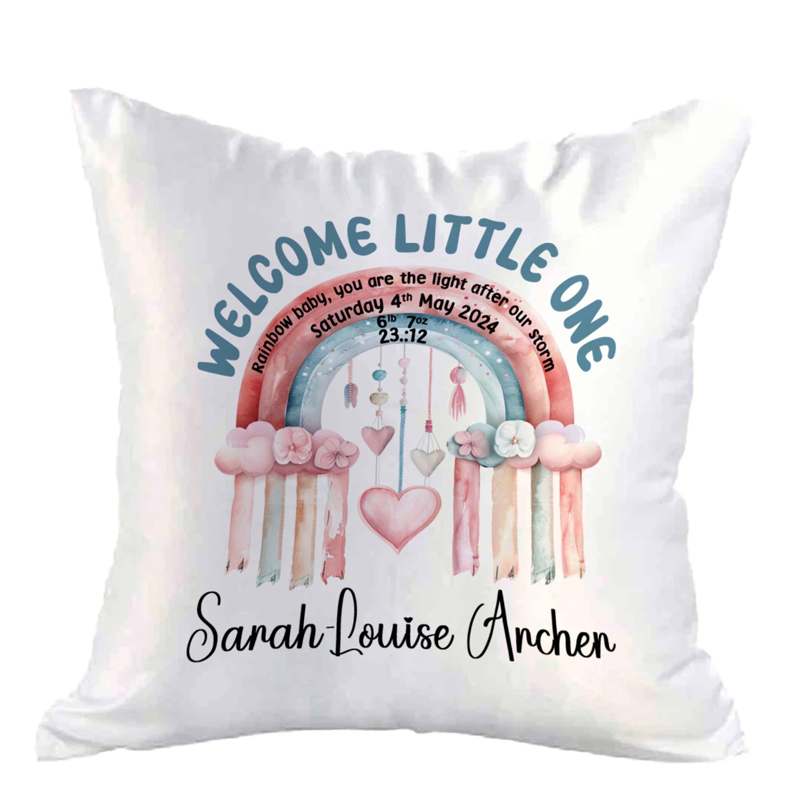 Personalised Baby Stats Satin Cushion Cover 40cm – Rainbow Christening Keepsake Gift - Image 5