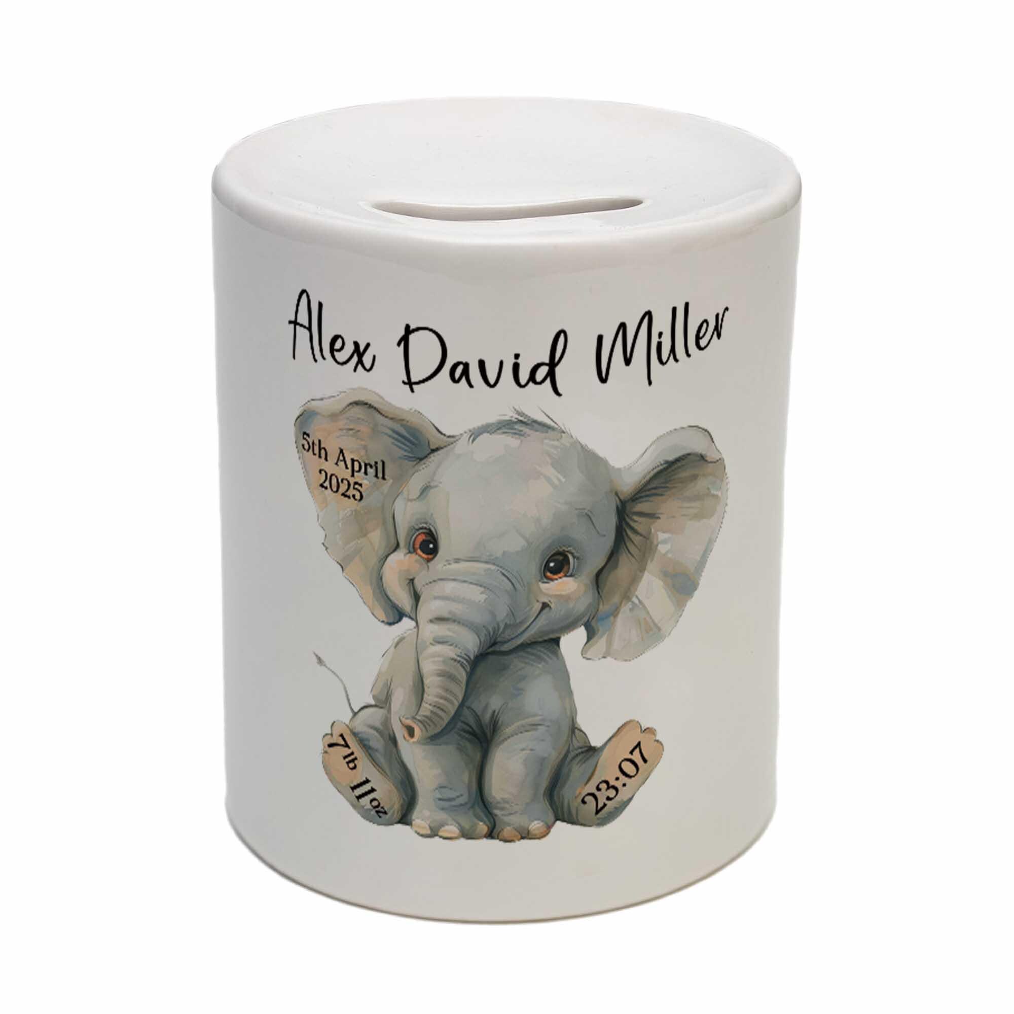Personalised Elephant Piggy Bank – Custom Ceramic Baby Money Box with Birth Stats – Nursery Keepsake Gift - Image 2