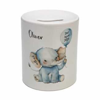 Personalised Elephant Piggy Bank – Custom Ceramic Baby Money Box, Birth Stats Keepsake & Nursery Decor Gift