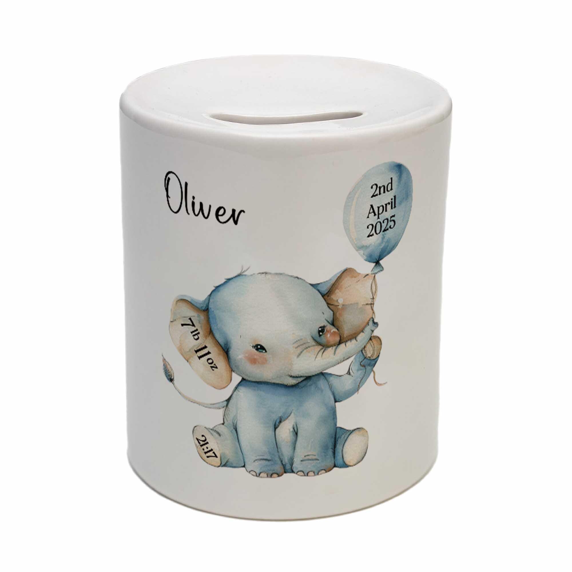 Personalised Elephant Piggy Bank – Custom Ceramic Baby Money Box with Birth Stats – Nursery Keepsake Gift