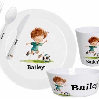 Personalised Kids Football Dinner Set – Plate, Bowl, Cup & Cutlery | Boys or Girls | Choose Your Design | Durable Polymer
