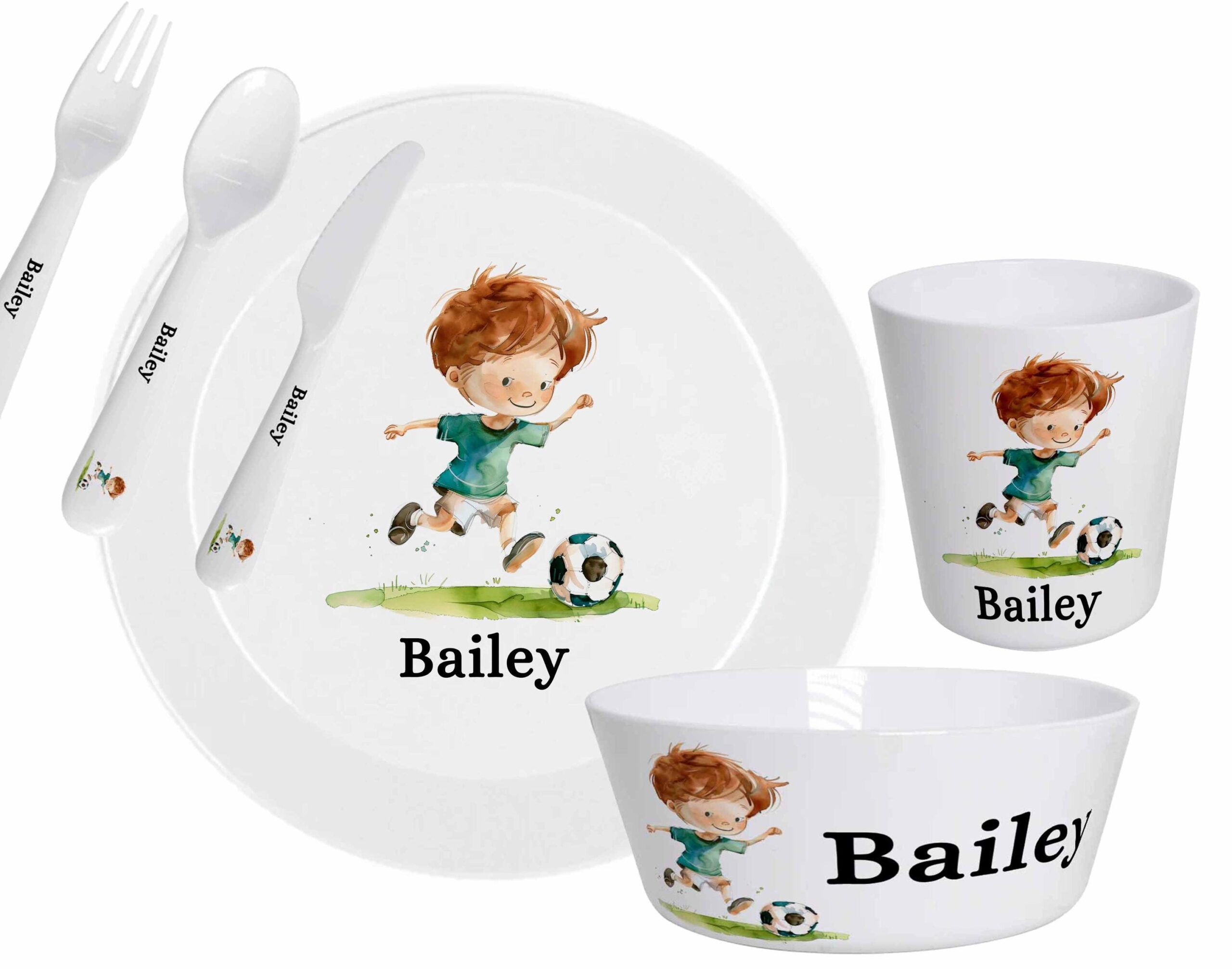 Personalised Kids Football Dinner Set – Plate, Bowl, Cup & Cutlery | Boys or Girls | Choose Your Design | Durable Polymer