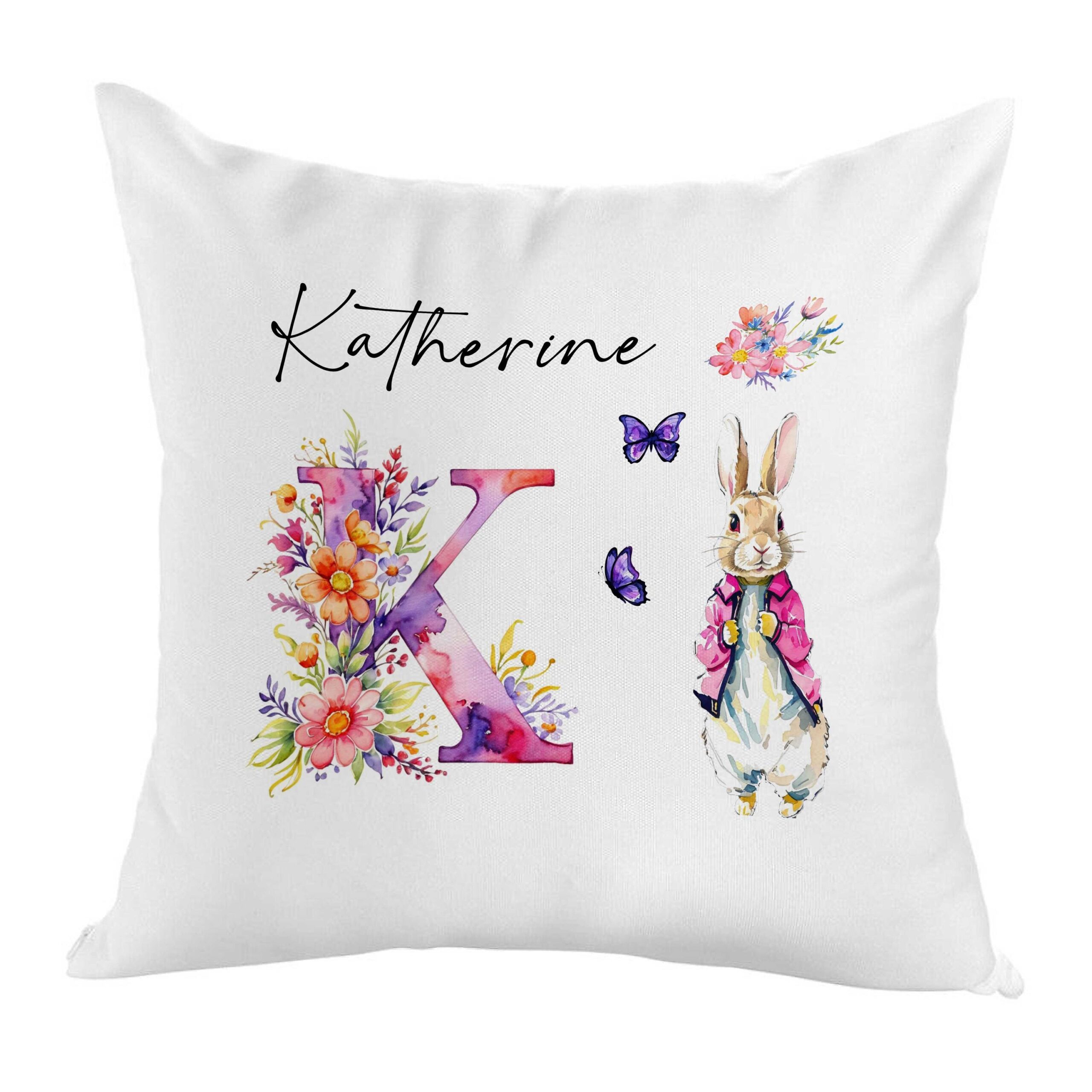 Personalised Peter Rabbit Cushion | Girls Pink watercolour Floral Letter Gift | vibrant Daughter Granddaughter | Niece | Flopsy initialled - Image 2