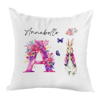 Personalised Peter Rabbit Cushion | Girls Pink watercolour Floral Letter Gift | vibrant Daughter Granddaughter | Niece | Flopsy initialled
