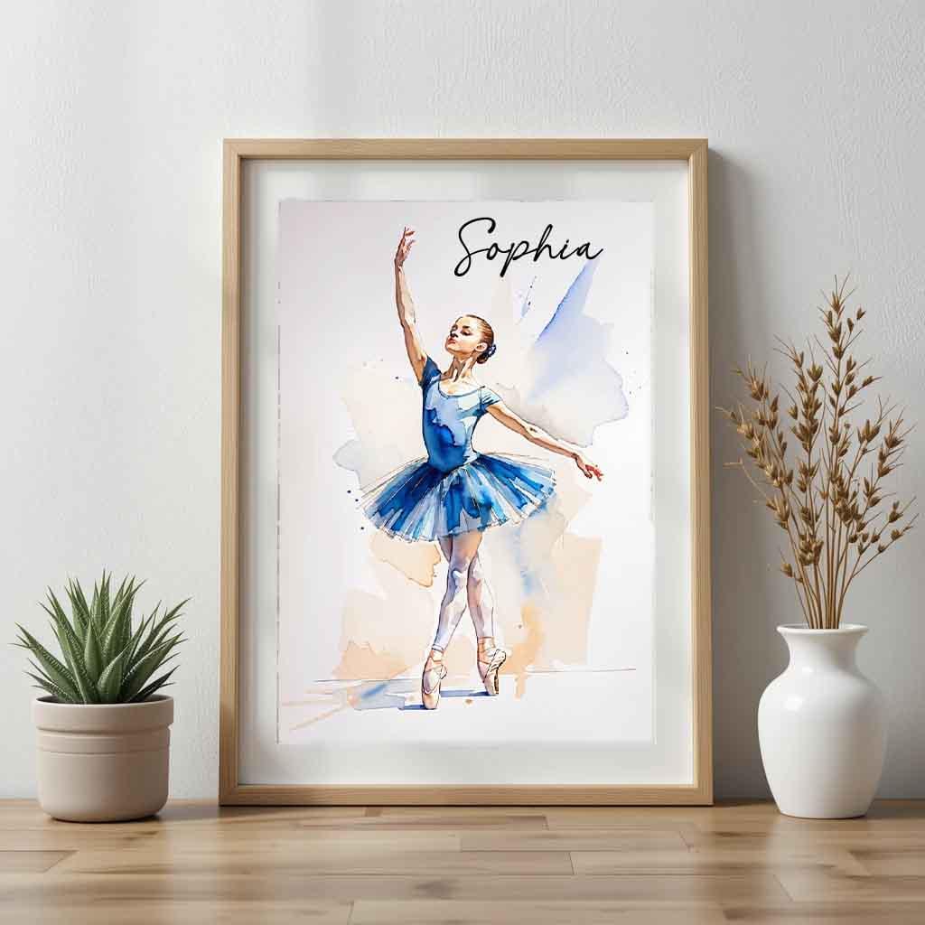 Personalised Ballerina Watercolour Art Print – Custom A4 Ballet Wall Decor with Name – Fine Art Gift for Dancers, Girls Bedroom or Nursery