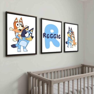 Personalised Blue Dog Wall Art Set of 3 – Custom Name Prints, Nursery Decor for Boys or Girls, Toddler Room, Bingo Blue dog Style