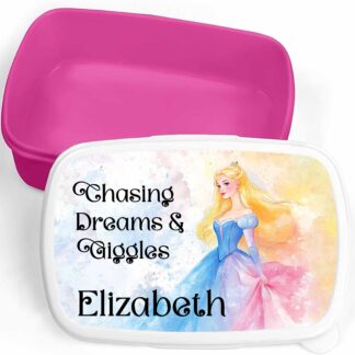 Personalised girls Lunch Box Children Kids School Food Box, princess fairy, watercolour