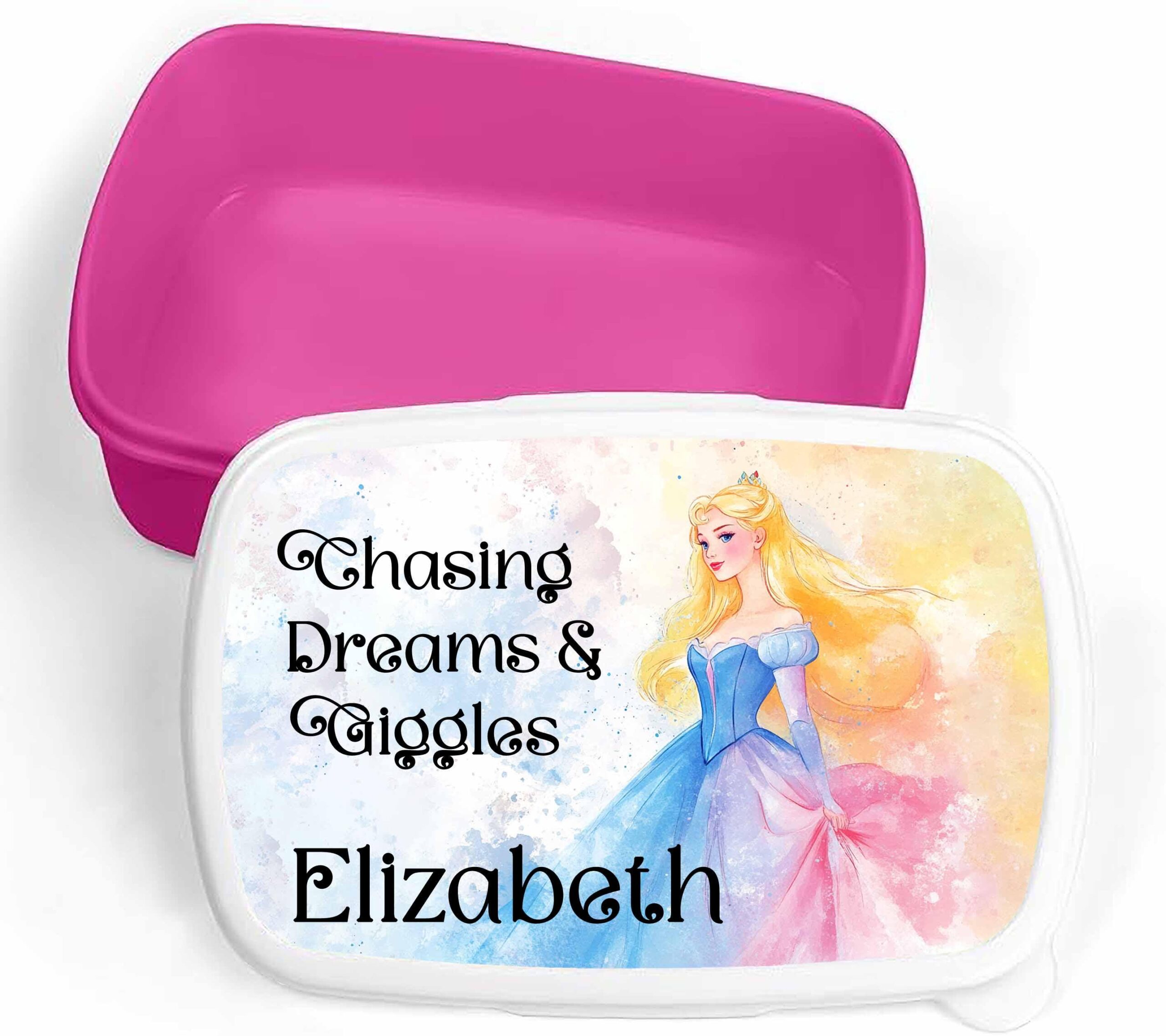 Personalised girls Lunch Box Children Kids School Food Box, princess fairy, watercolour