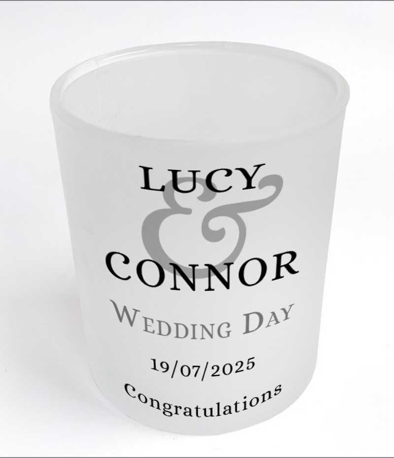 Personalised Wedding Gift Tealight Holder – Frosted Glass Bride and Groom Keepsake