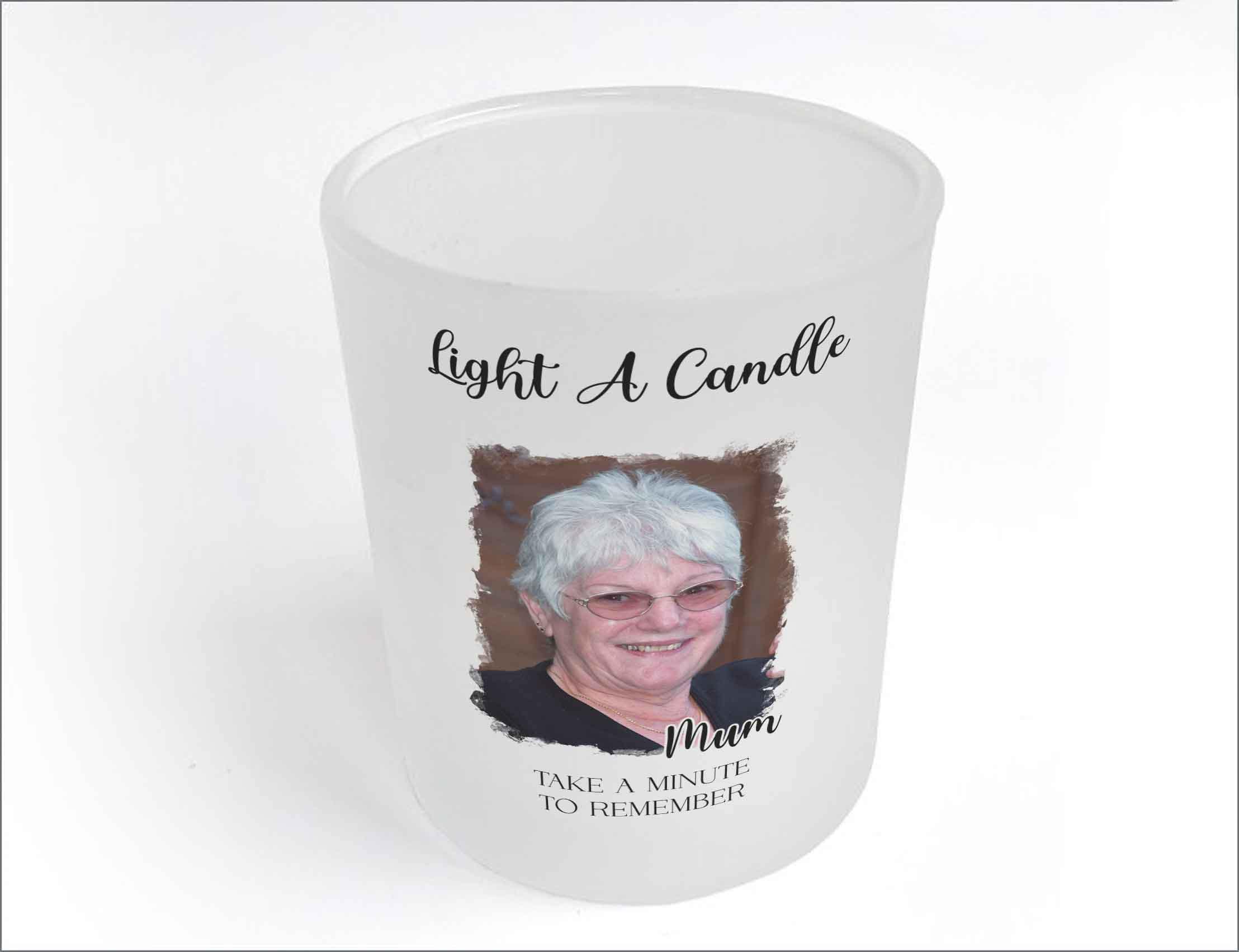 Personalised Memorial Tealight Holder with Photo – Frosted Glass Remembrance Candle Keepsake