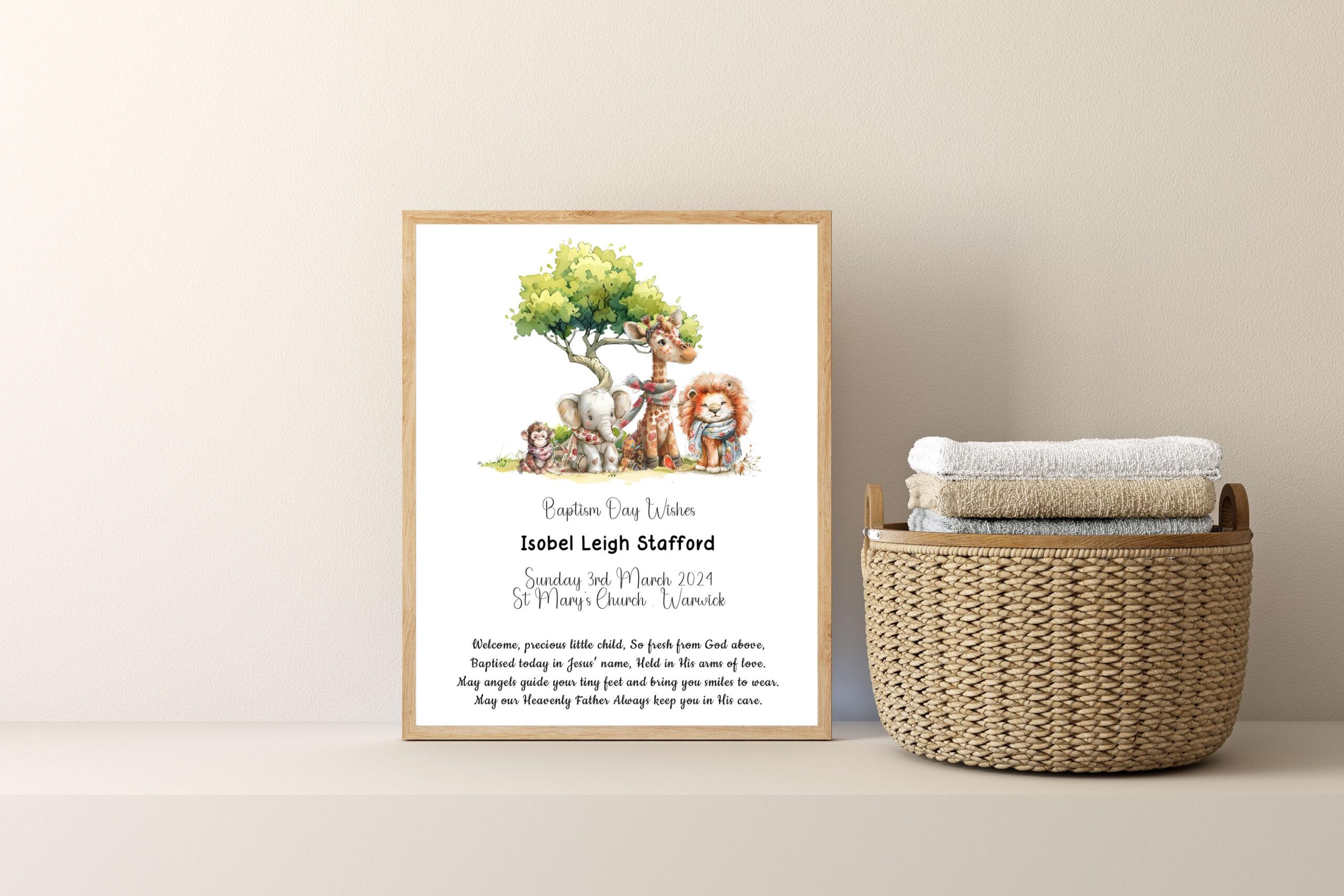 Personalised Christening Gift Print – New Baby Name Wall Art – Jungle Nursery A4 Fine Art Print