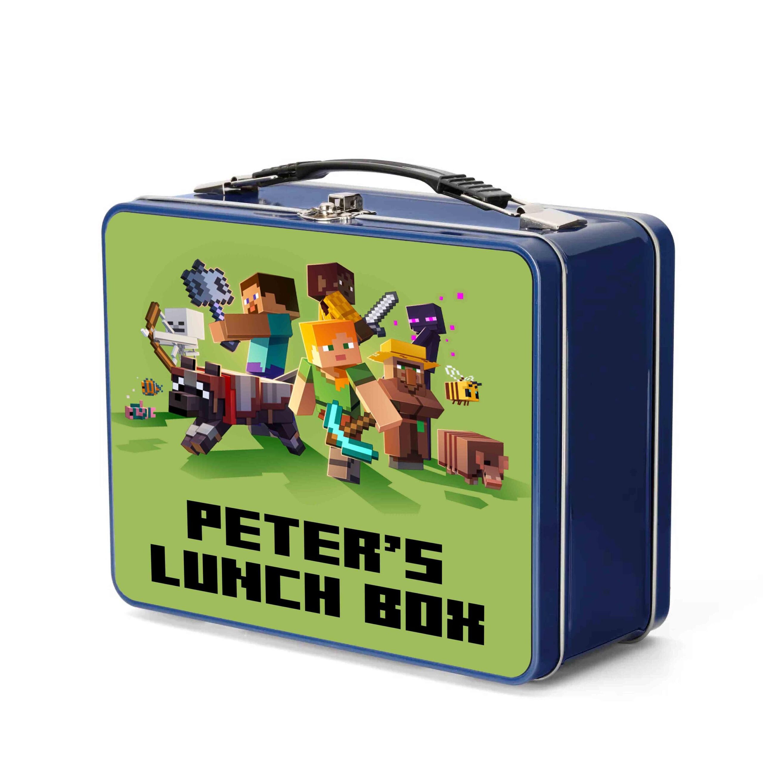 Personalised Pixel Gamer Blue Metal Lunch Box – Custom Kids Lunch Tin with Name – School Lunchbox with Handle - Image 6