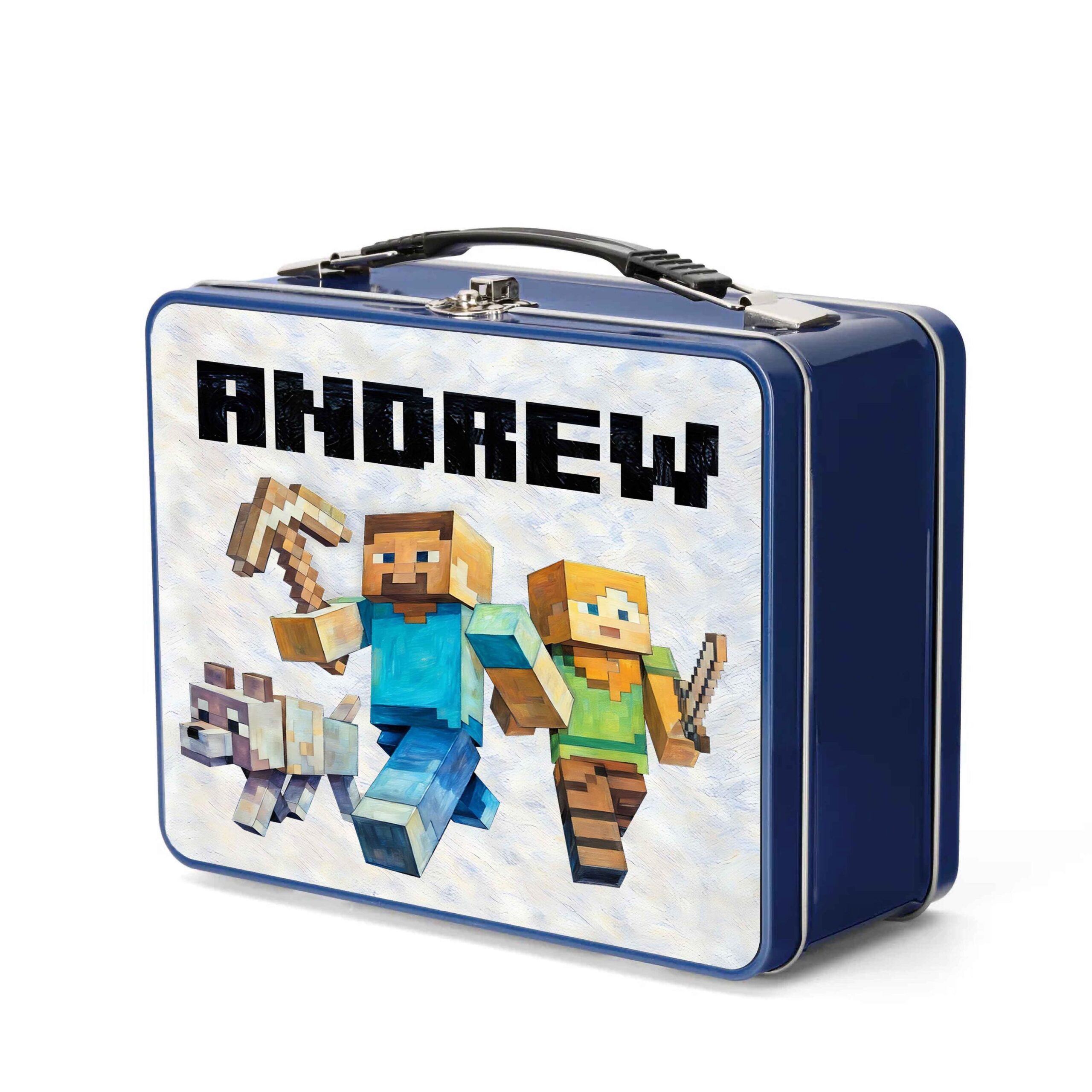 Personalised Pixel Gamer Blue Metal Lunch Box – Custom Kids Lunch Tin with Name – School Lunchbox with Handle - Image 4
