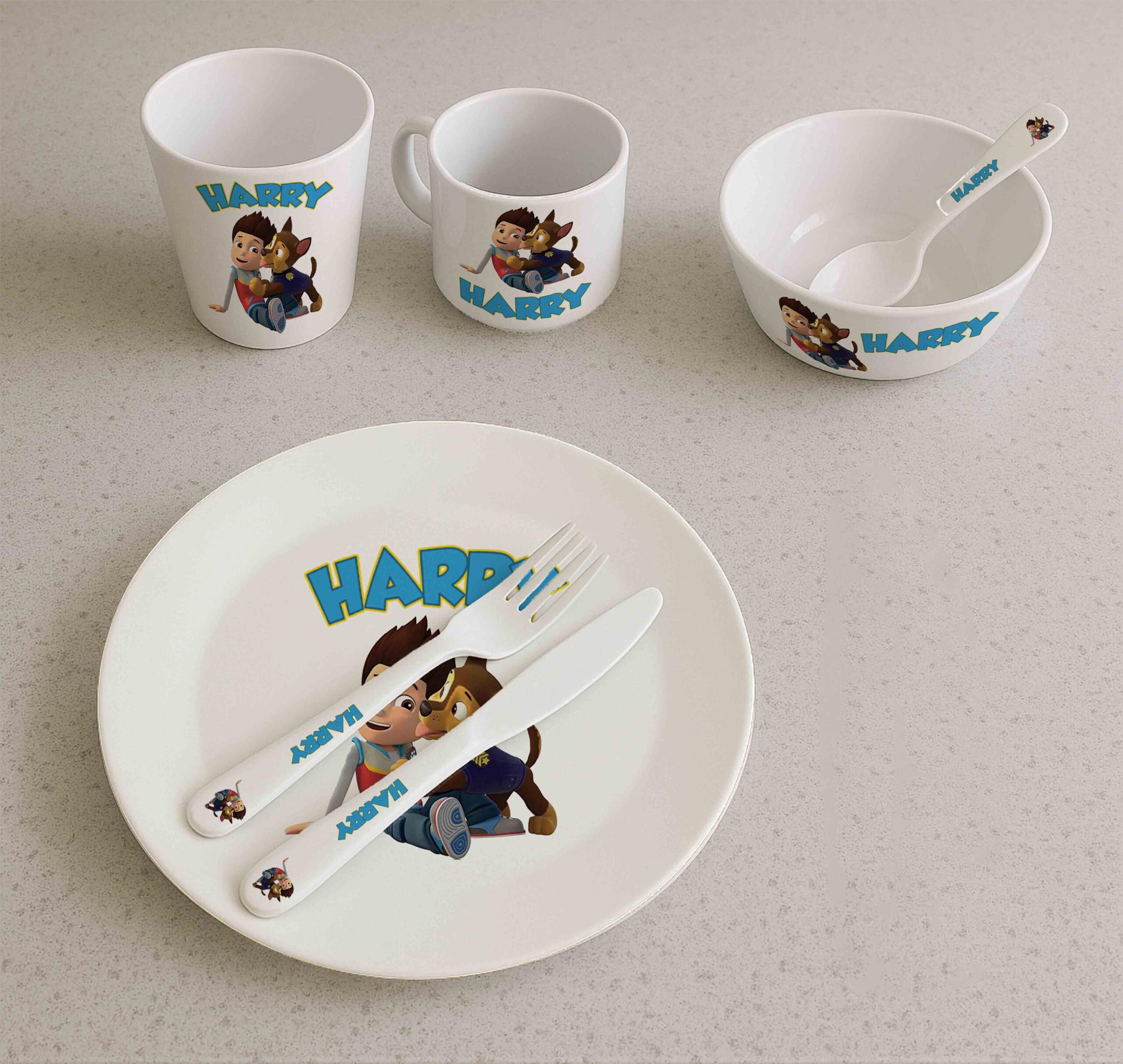 Personalised Rescue Puppy Kids Dinnerware Set – Custom Name Plate, Bowl, Cup & Cutlery Gift - Image 4