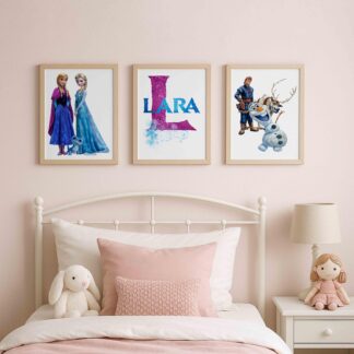 Set of 3 Personalised Ice Princess Prints – Custom Winter Sisters & Snowman Nursery Wall Art